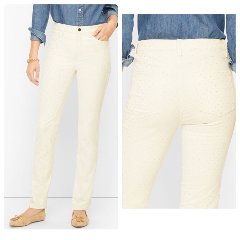 Talbots Ivory Stretch Velveteen High Rise Straight Leg Ditsy Dot Pants size 6